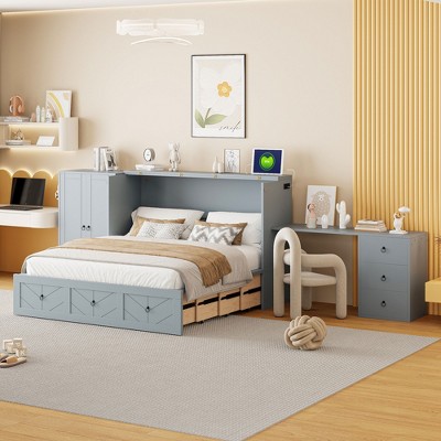 Queen Size Murphy Bed with USB Port, Large Drawer, Wardrobe and Desk Combo - ModernLuxe