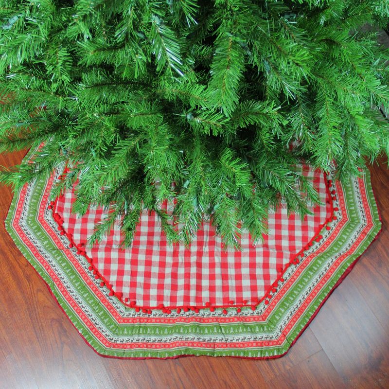 Northlight 50" Red and White Buffalo Plaid Christmas Tree Skirt with Woodland Fair Isle Trim, 2 of 4