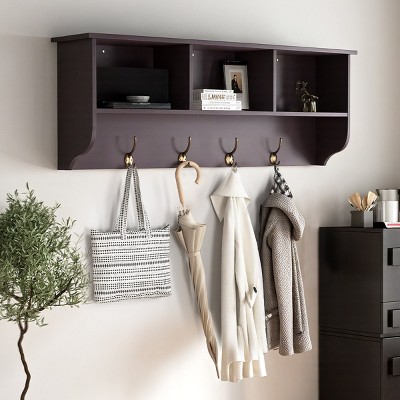 Wall-Mounted Entryway Coat Rack, Wood Shelf with 4 Dual Hooks and 3 Cubbies, Floating Storage Organizer for Hallway or Dining Room–Cuddlewood