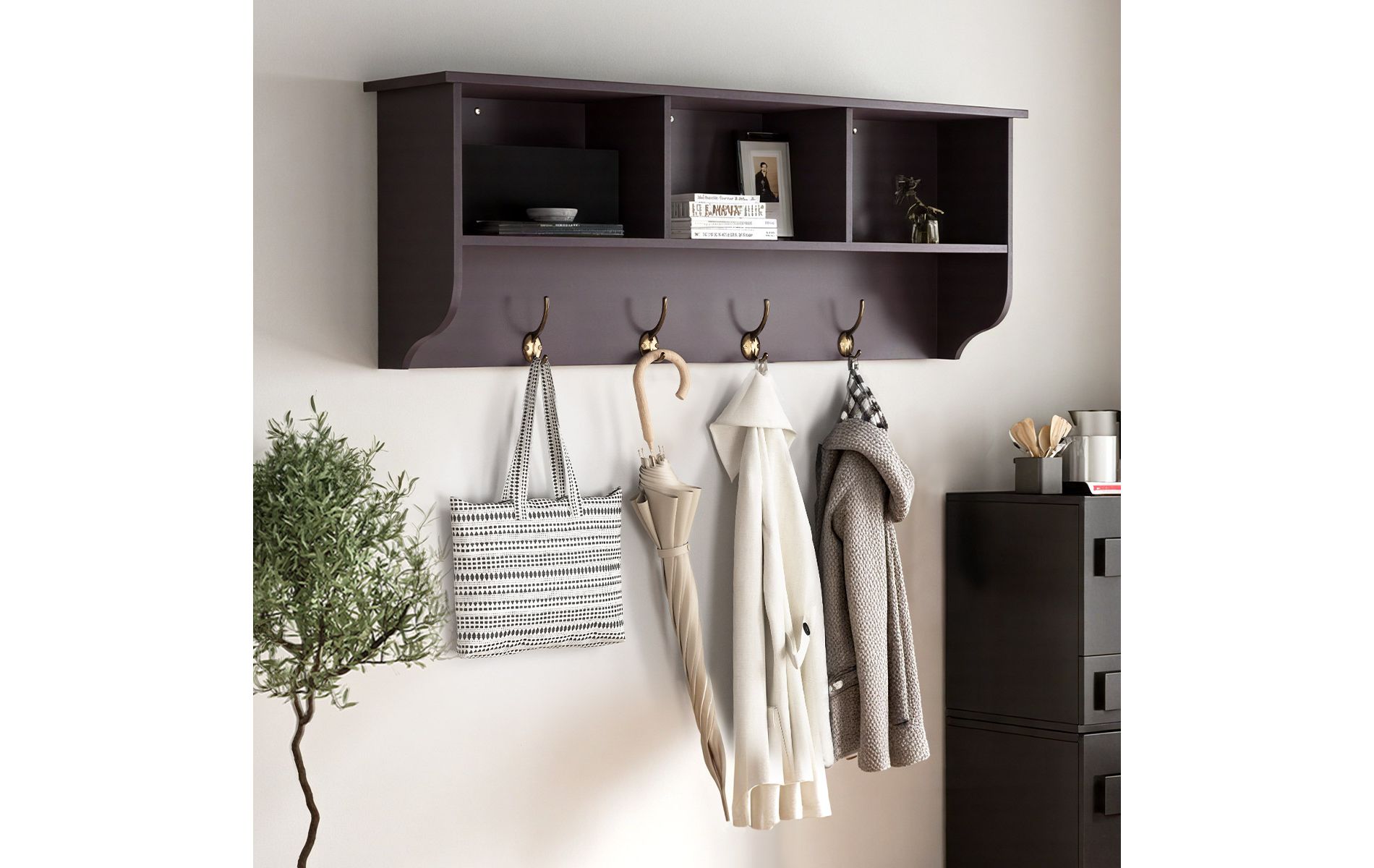 Wall-Mounted Entryway Coat Rack, Espresso Wood Shelf with 4 Dual Hooks and 3 Cubbies, Floating Storage Organizer for Hallway or Dining Room–Cuddlewood