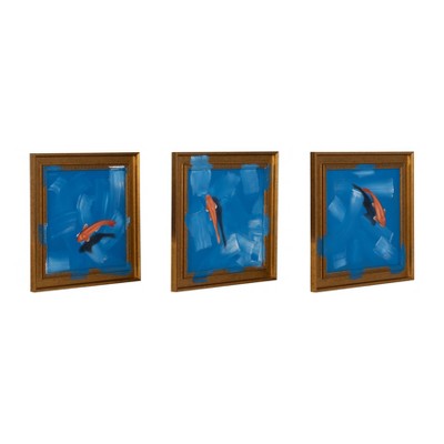 Hand Painted Fish in Sea Blue and Orange Coastal Wall Art Set