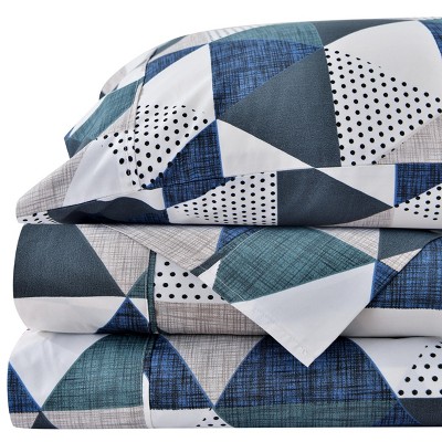 Twin Black and Blue Geometric Microfiber Sheet Set