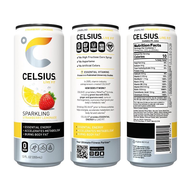 Celsius Sparkling Strawberry Lemonade Energy Drink - 12 fl oz Can, 5 of 10