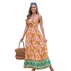 Women's Orange Floral Sweetheart Twist & Keyhole Maxi Dress - Cupshe - 1 of 4