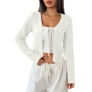 Coolmee Womens Sweater Cardigan Cropped Tie Front Bow Lightweight Cardigan Long Sleeve Sweater Knit Fashion Tops - 1 of 4