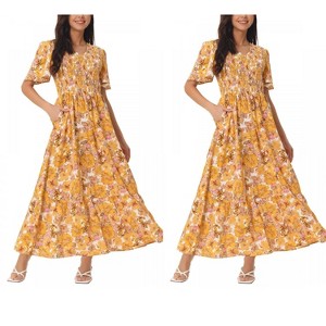 Seta T Women's Floral Short Flutter Sleeve V Neck Smocked High Waist Flowy Maxi Dress 2 Packs - 1 of 4