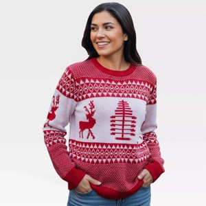 Womens Christmas Sweater 2025 Crew Neck Festive Pattern Sweater Christmas Trees & Reindeers Pullover Sweaters Simple Holiday Sweater - 1 of 4