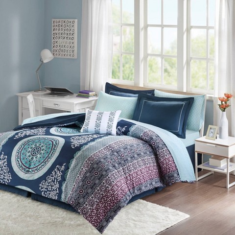 Intelligent Design 7pc Twin XL Blaire Comforter and Sheet Set Navy: Microfiber Bedding, Bohemian Medallion Pattern, Includes Pillowcases & Shams