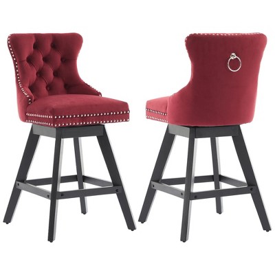 SKRAN Velvet Swivel Bar Stools, Upholstered Counter Chairs Set of 2, with Rivet Trim, Solid Wood Legs and Button Tufted Back for Dining Room and Bar