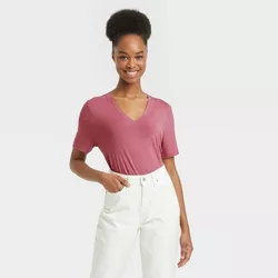 Women's Short Sleeve V-Neck Drapey T-Shirt - A New Day™ Dark Pink XS