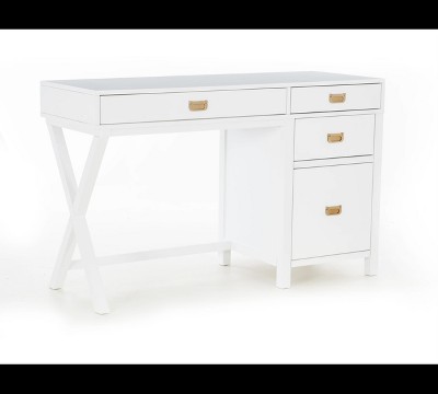 48" White Campaign Style Desk with Gold Hardware and Storage