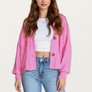 Anna-Kaci Women’s Textured Knit Button Front Jacket with Long Sleeves Oversized Chest Pockets Structured Hem and Everyday Silhouette - 1 of 4