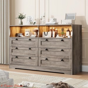 Living Room 55" Rustic Brown Wood Dresser, 6-Drawer Dresser Storage Organizer w/ Light & Large Capacity, Modern Dresser - 1 of 4