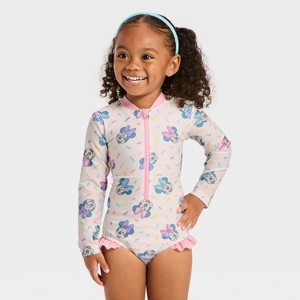 Toddler Girls' Disney Long Sleeve Minnie Mouse Sprinkle Printed One Piece Rash Guard - White - 1 of 3