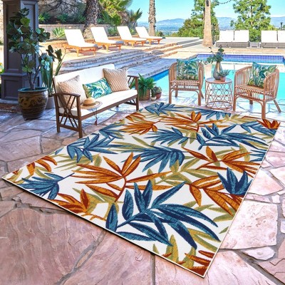 Red and Blue Tropical Leaf Flatweave Indoor/Outdoor Rug 5' x 7'