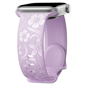 HTUTWOO Floral Engraved Apple Watch Band, Silicone Glossy Wildflower Strap 38/40/41/42/44/45/49mm for iWatch Series 10 9 8 7 6 5 4 3 2 1 SE Ultra - 1 of 4