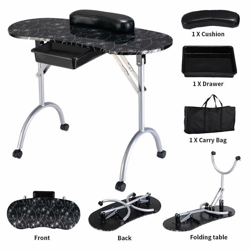 Costway Black Manicure Nail Table Portable Station Desk Spa Beauty Salon Equipment, 1 of 11