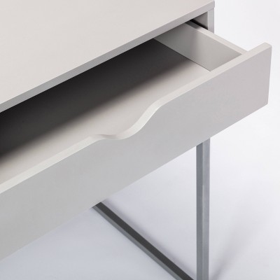 Contemporary Gray Wood Writing Desk with Drawer and Metal Base