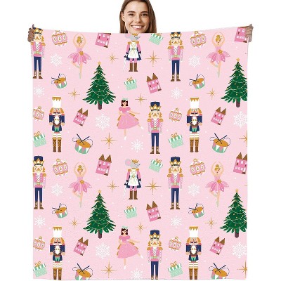 Nutcracker Christmas Throw Blanket, Pink Ballet Dancer and Holiday Ornament Design Soft Cozy Flannel Blanket, Cute Xmas Gift.