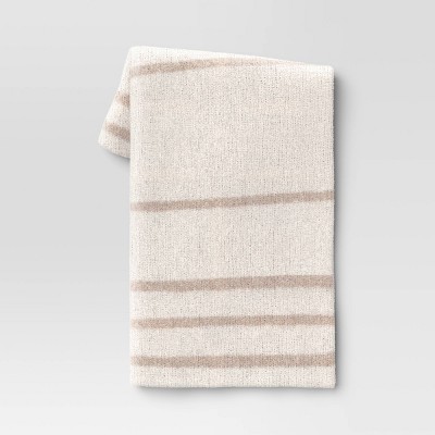 Cozy Feathery Knit Border Striped Throw Blanket Beige/Ivory - Threshold™