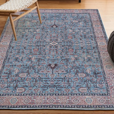 Kemer Persian Blue Red Brown Washable Chenille Area Rug 8' x 10'
