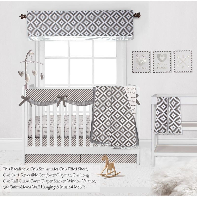 Bacati - Love Design/Print Gray/Silver 10 pc Crib Bedding Set with Long Rail Guard Cover, 4 of 12