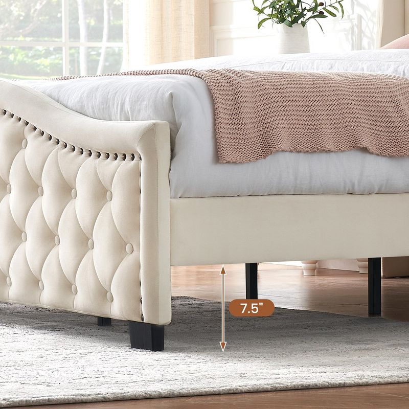 Whizmax Upholstered Platform Bed Frame with Velvet Button Tufted & Nailhead Trim Wingback Headboard, Beige, 5 of 9