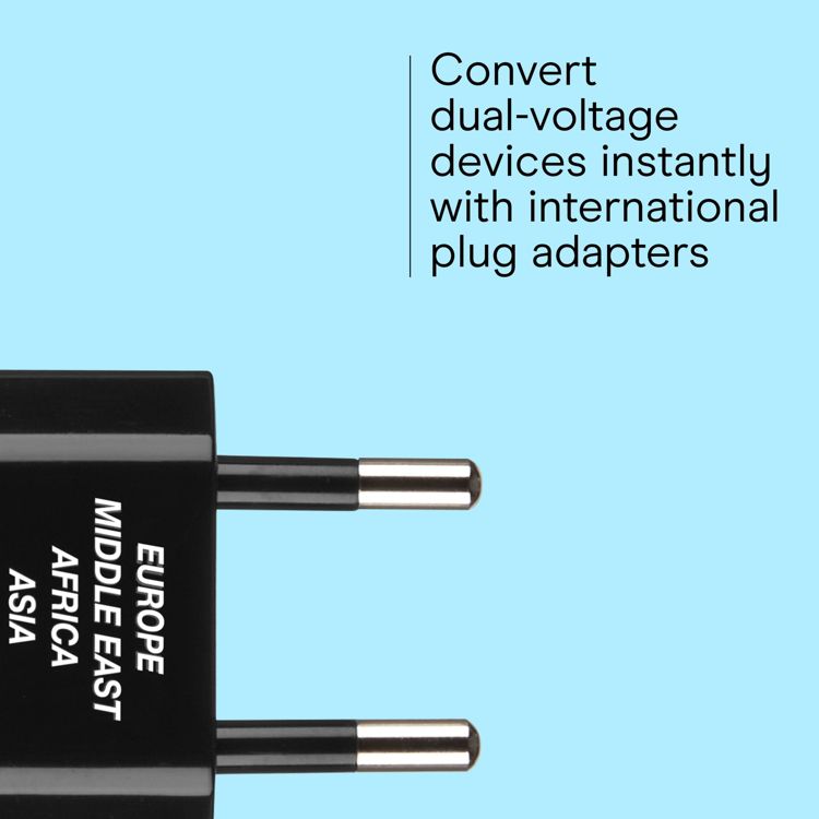 Black colored plug adapter with two metal prongs labeled "EUROPE MIDDLE EAST AFRICA ASIA" on a light blue background with text reading "Convert dual-voltage devices instantly with international plug adapters."