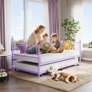 Daybed with Trundle, Trundle Bed Twin with Heart-shaped Headboard for Kids, Sturdy Metal Day Bed with Steel Slat Support, Twin Daybed Purple - 1 of 4