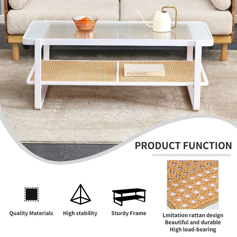 Modern Minimalist Rectangular Coffee Table with Craft Glass Tabletop and Rattan Layer - The Pop Home, 5 of 10