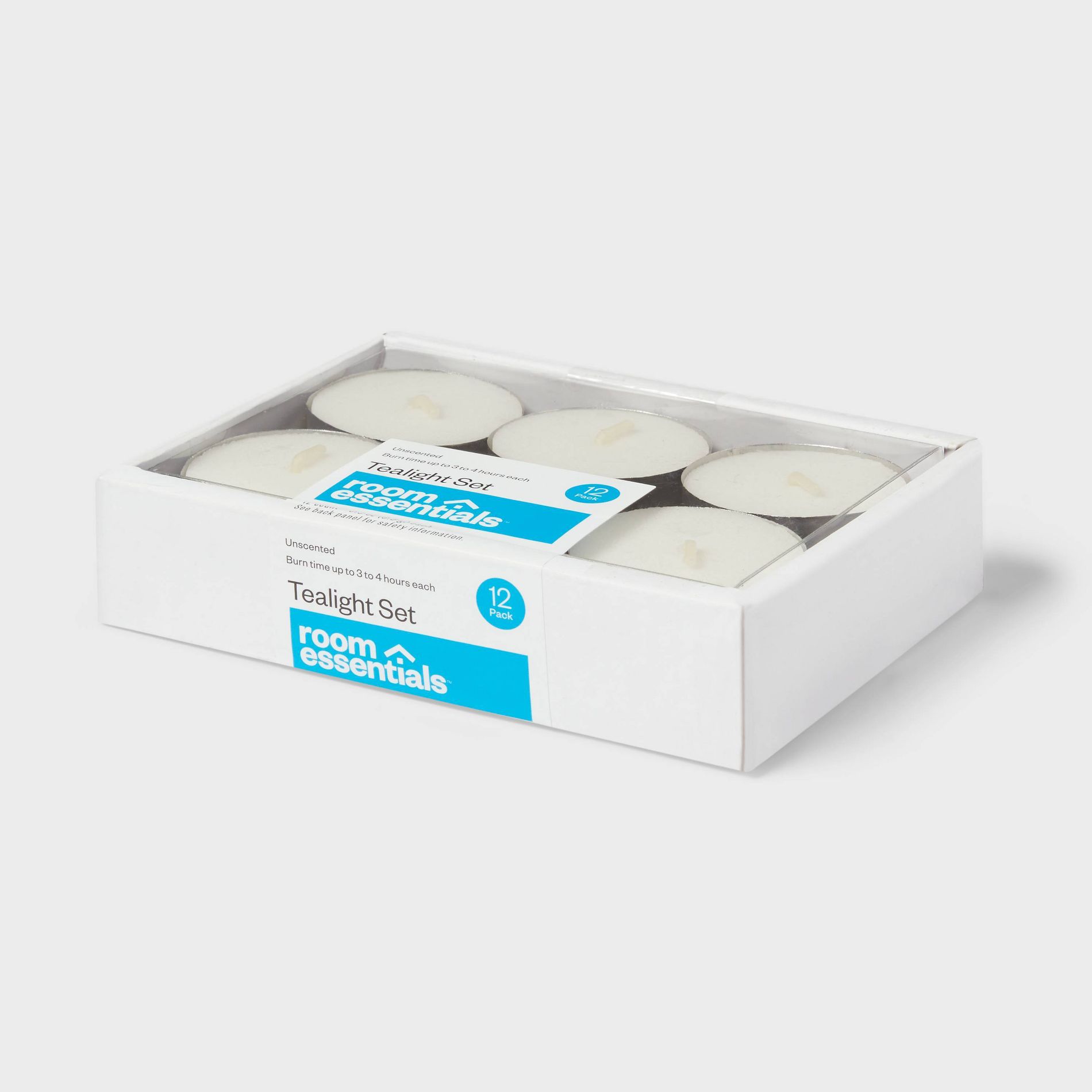 12pk Unscented Tealights White - Room Essentials™: Paraffin Wax, 4hr Burn Time, 1 Wick Tea Lights