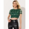 Allegra K Women's Christmas Sequin Shiny Glitter Crop Sheer Short Sleeves Tassel T-Shirt - 2 of 4