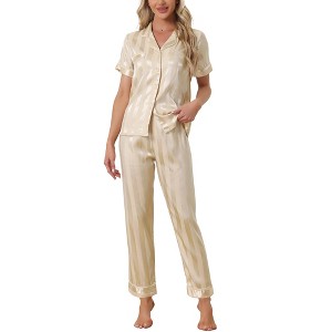 cheibear Women's Satin Button Down Short Sleeve Sleepwear with Long Pants Pajama Set - 1 of 4