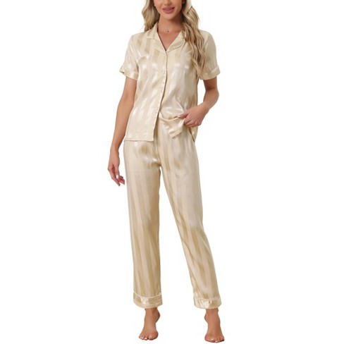 cheibear Women's Satin Button Down Short Sleeve Sleepwear with Long Pants Pajama Set - image 1 of 4