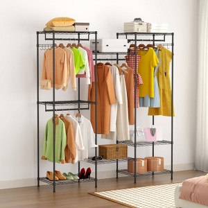 Heavy Duty Clothes Rack with 4 Rails, 8 Hooks & Adjustable Shelves, Freestanding Wardrobe Closet Organizer for Bedroom, Black - 1 of 4