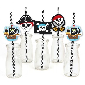 Big Dot of Happiness Pirate Ship Adventures - Paper Straw Decor - Skull Birthday Party Striped Decorative Straws - Set of 24 - 1 of 4