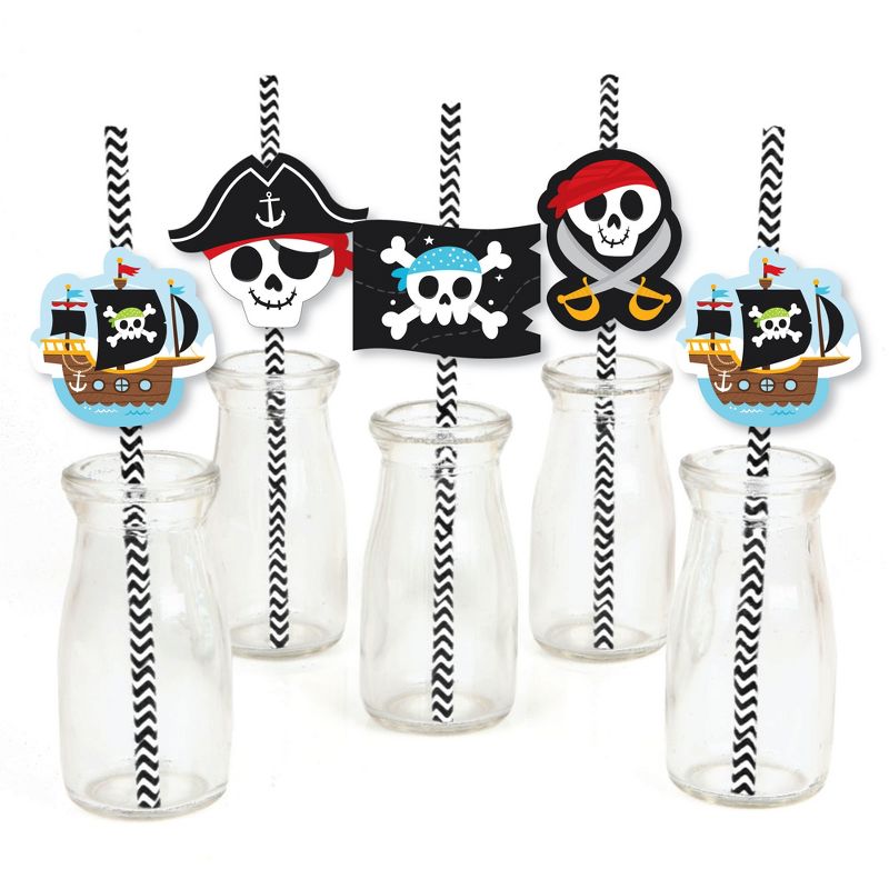 Big Dot of Happiness Pirate Ship Adventures - Paper Straw Decor - Skull Birthday Party Striped Decorative Straws - Set of 24, 1 of 7