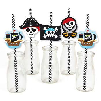 Big Dot of Happiness Pirate Ship Adventures - Paper Straw Decor - Skull Birthday Party Striped Decorative Straws - Set of 24