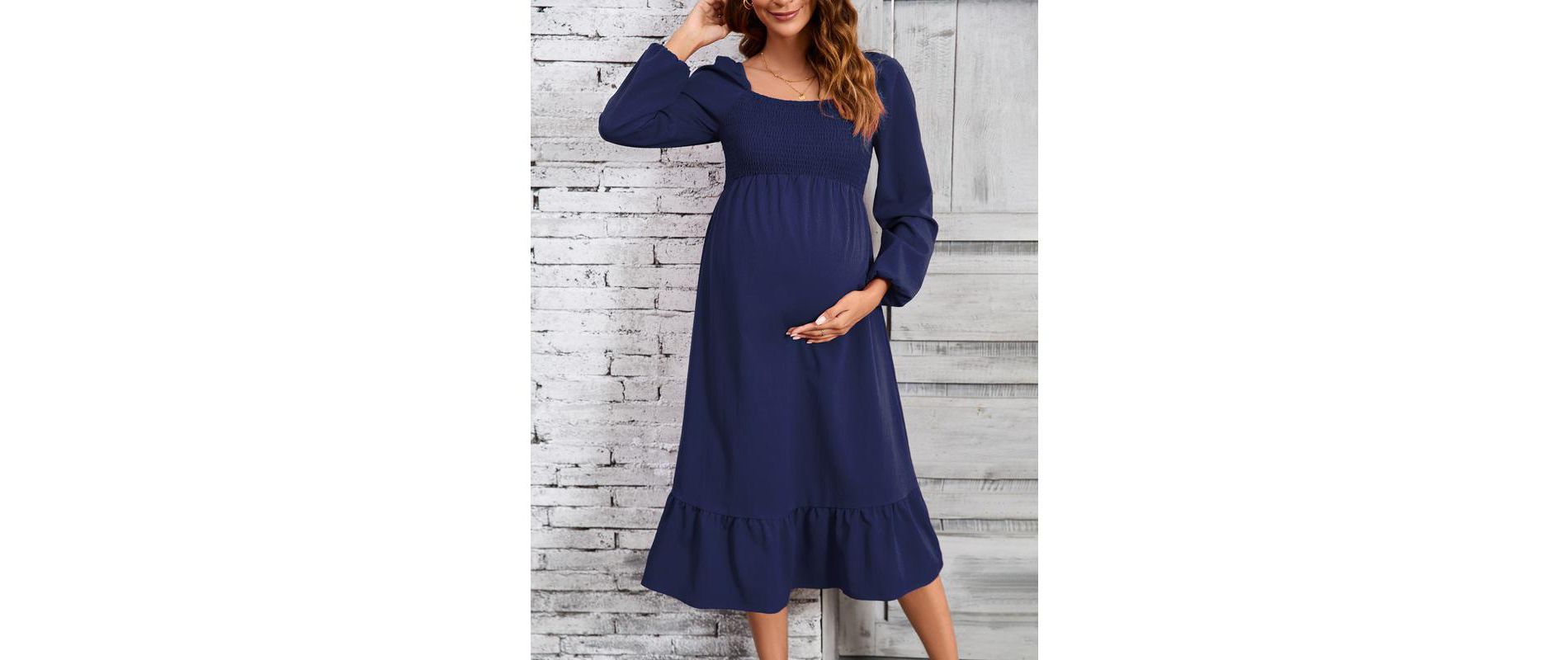 WhizMax Women's Maternity Dress Long Sleeve Square Neck Dress Smocked Ruffle Casual Midi Dress Baby Shower Photoshoot Navy Blue Large