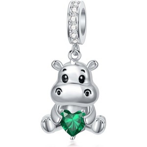 Sterling Silver Hippo Charm with 12 Birthstones - Animal Bead for Bracelets, Gift for Hippo Lovers - 1 of 4