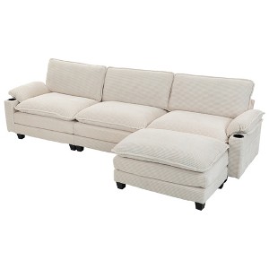 113'' Corduroy 3+1 L-Shaped Modular Sectional Sofa with Ottoman, Double-Layer Thick Cushion, Cup Holders and Storage Bags - 1 of 4