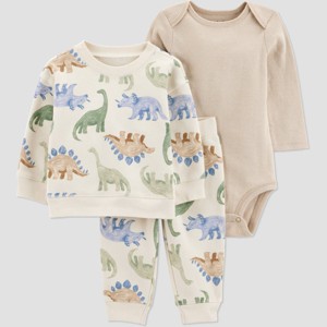 Carter's Just One You® Baby Boys' 3pc Dinosaur Sweatshirt with Long Sleeve Bodysuit and Jogger Pants Set - Cream - 1 of 4