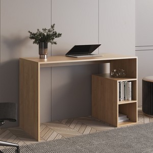 Vynxaria Solid 47" Wide Writing Desk with Four Shelves, Natural Oak, Compact Dimensions for Home Office & Living Room - 1 of 4