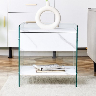 Syemin Glass End Table, Double Layer Rectangular Tiered Side Table with Drawers and Glass Top, White, 17.7"*15.5"*19"