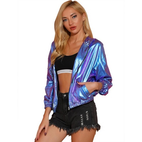 Allegra K Women's Holographic Shiny Long Sleeve Zipper Hooded Metallic  Jacket Silver XX-Large