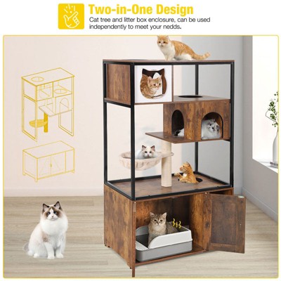 Brown Wooden 3-Story Cat Condo with Sisal Scratching Post
