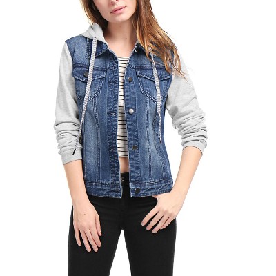 Женские куртки INSPIRE CHIC Women's Regular Fit Layered Drawstring Hood Denim Jacket with Pockets Medium Dark Blue — фото 2