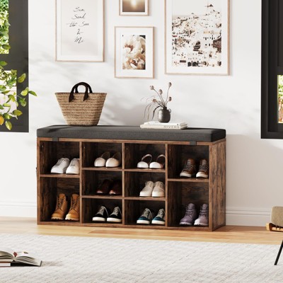 Shoe Storage Bench, 5 Cubbies Storage Rack Bench with Cushion, Entryway Bench