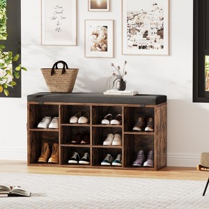 Shoe Storage Bench, 5 Cubbies Storage Rack Bench with Cushion, Entryway Bench - 1 of 4