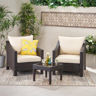 GDFStudio Vincent Outdoor Wicker 3 Piece Chat Set with Cushions